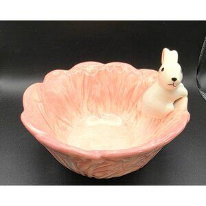 Easter Bunny Figurine on Cabbage Shaped Pink Ceramic Decorative Bowl Candy Dish